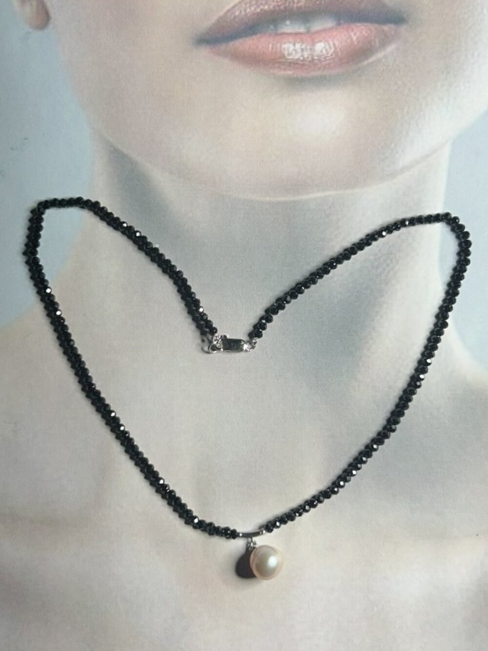 Natural Black Faceted Spinel Beads with Freshwater Dangling Necklace.